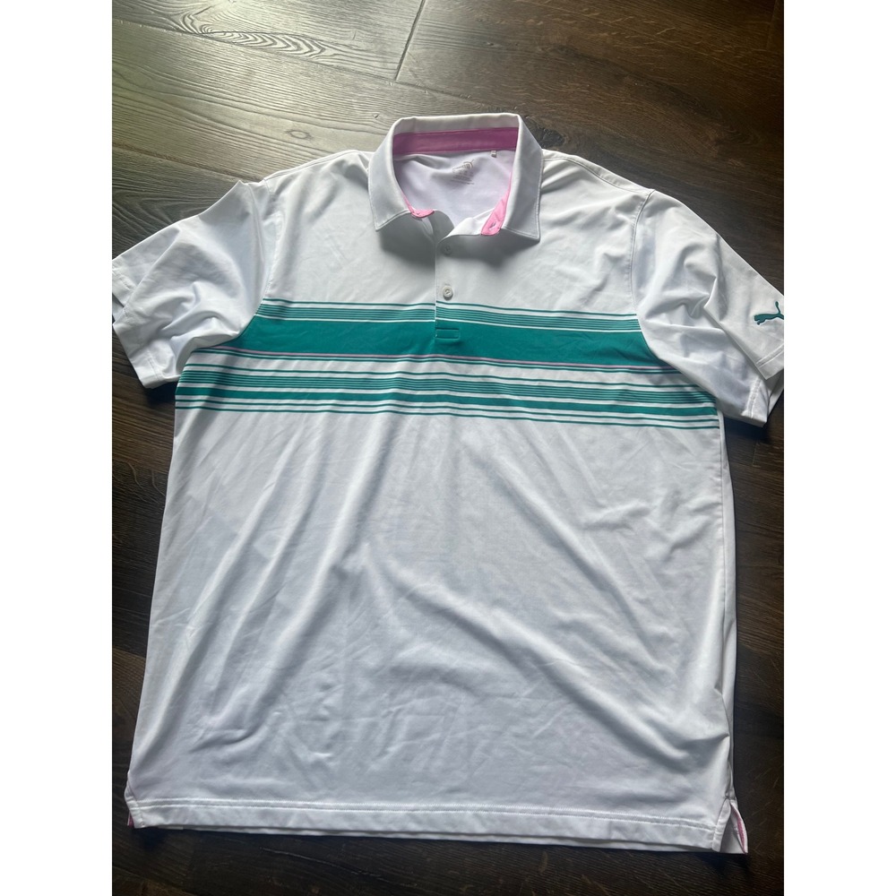 Puma Golf Mens XL White Teal Pink Striped Performance‎ Polo Shirt 537451-03